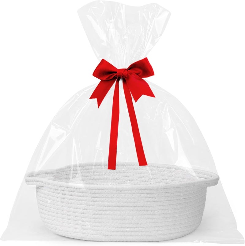WILLITAT Small Baskets for Gifts Empty, 13"x 9"x 5" Woven Gift Basket with Bag and Ribbon, Cotton Rope Kids Dog Cat Toy Bin Box, Cute Baby Nursery Organizer, Decorative Storage with Handles (White) - Image 1